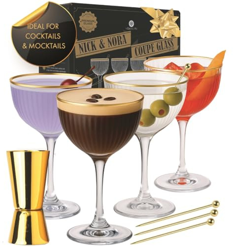 Vemacity Ribbed Nick & Nora Cocktail Glasses Set of 4 with Gold Rims & Bar Tools | Ribbed Nick and Nora Glasses Set of 4 (5.1oz) | Versatile Port Wine, Sherry, Wine, ni, Coupe Martini Glassware