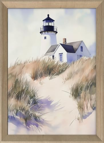 STYLER Wandbild Lighthouse 50 x 70 cm – Gerahmtes Bild mit Leuchtturm in Beige Blau Weiß – Küstenmotiv auf MDF mit Holzrahmen