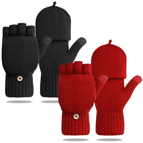Guantes Sin Dedos Cálidos de Invierno, Mujer guantes Cierre Abatible, Guantes Mujer de Punto para Pantalla Táctil Mujer，2 Pares