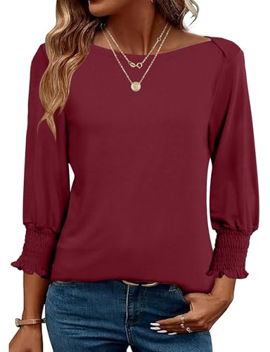 EFFAN Blus damer toppar 3/4 ärm ubåt urringning toppar elegant casual 2025 sommar bohemisk rund hals tunika skjorta, Vinröd, S