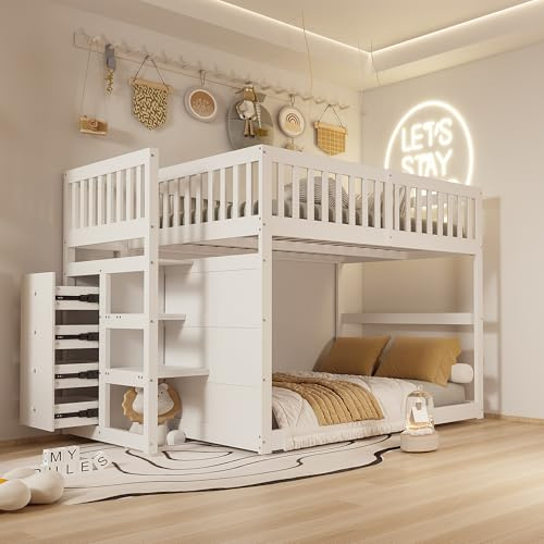 ZHFASDS Letto A Castello Basso 140 X 200 Cm, Letto A Castello Di Sicurezza Con Vano Contenitore, Design Con Recinzione Alta, Letto In Legno (White)