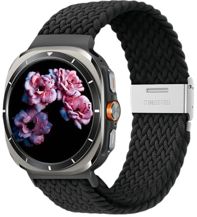 Justerbart tänjbart flätat band Compatible with Samsung Galaxy Watch Ultra 47mm (2025/2024) – Premium elastisk nylon sportband för män och kvinnor, Svart