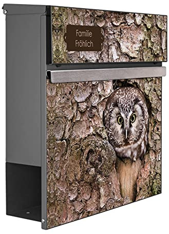 banjado® Briefkasten Anthrazit mit Namensschild Motiv Eule & Zeitungsfach/Briefkasten in Anthrazit/Postkasten A4 Einwurf inkl. Montagematerial & 2 Schlüsseln