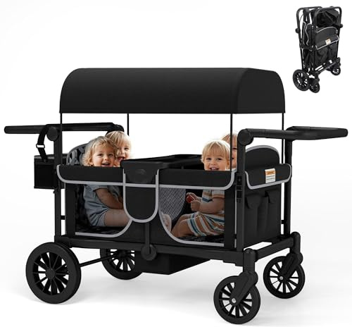 TOLEAD Wagon Stroller for 4 Kids, Foldable 4 Seats Outdoor Stroller Wagon with Canopy, Adjustable Handlebars, 5-Point Safety Harness, Detachable Tray, Portable Bag (Black)