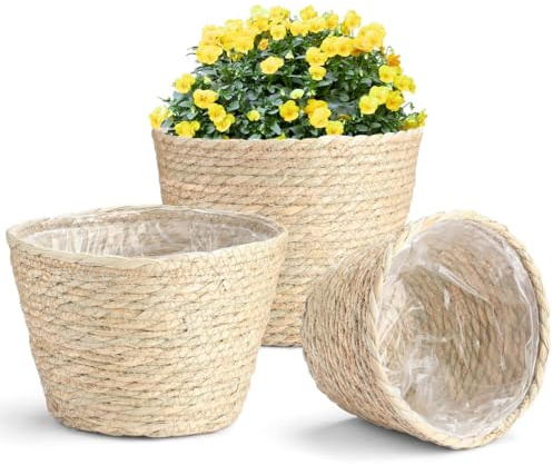 Dekoratives Pflanzkorb-Set für den Innenbereich, 3 Topflappen aus Seegras mit Kunststofffutter, Mehrzweck-Aufbewahrung und Heim-Styling-Zubehör