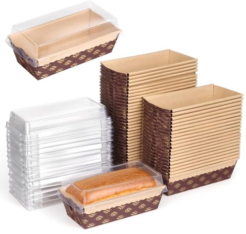 50 teglie per pagnotta di carta con coperchi, contenitori da forno usa e getta per pane, stampi per torte, 5,9 × 2,6 × 2 × 2 Bakeware con coperture in plastica
