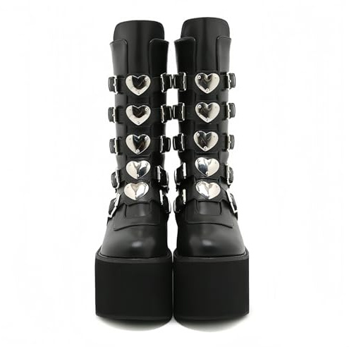 FQLGJMY Women's Knee High Wedge Platform Boots with Chunky High Platform Heel Lace Up & Zipper Punk Goth Mid Calf Combat Boots Motorcycle Booties with Metal Buckles for Autumn Winter