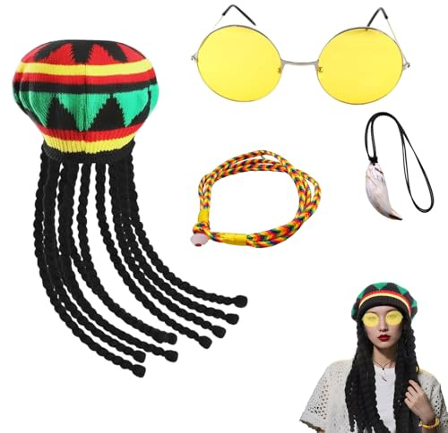 SZHUGEKI Mütze Rasta Dreadlocks Set, Rasta Hut | Langer Geflochtener Hut Mit Gelber Brille, Halskette, Armband, Geeignet Für Rollenspiele, Karneval,Halloween