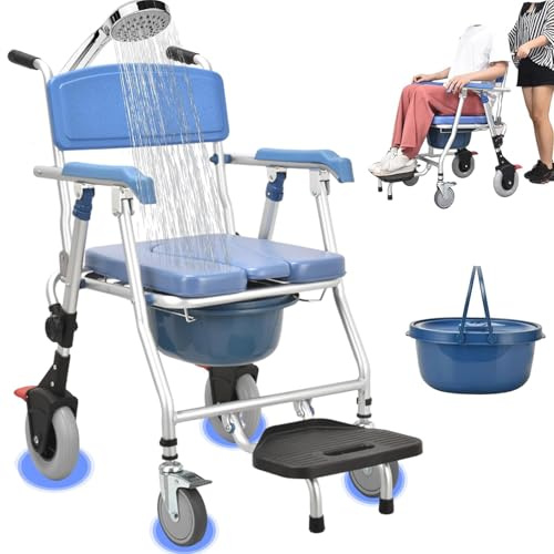 Miuxe Duschstuhl Mit Rollen Klappbar 150kg | Toilettenstuhl Für Senioren Faltbar Mit Rollen Armlehne & Rückenlehne | Mobiler WC-Rollstuhl Für Behinderte & Patienten (inkl Toiletteneimer)