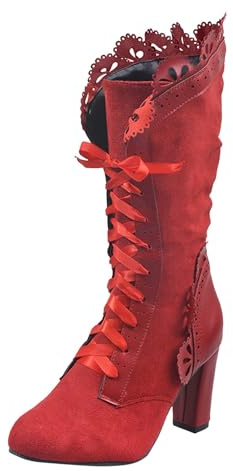 VBEDKDEB Women's Mid Calf Boots Winter Large Size Women's Boots Lace Mid-Calf Dirndl Shoes, red, 7 UK