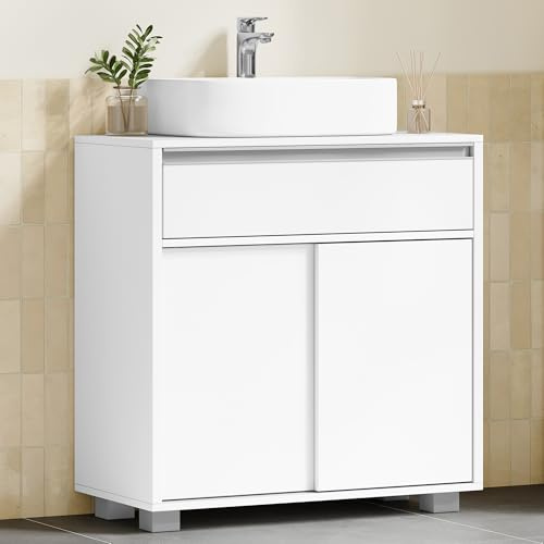 HEXCELEN Meuble sous Lavabo, Meuble Salle de Bain Rangement avec 1 Tiroirs, 2 Portes Coulissantes, Étagères Réglable, 30 x 60 x 63 cm, Blanc