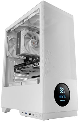Tacens SAGITTA20, ATX PC-chassi, LED-Skärm Med Temperaturer i Realtid, 3x 120mm Fläktar, Härdat Sidoglas, Metalliskt Dammfilter Fram, CableHatch, USB-C, Vitt