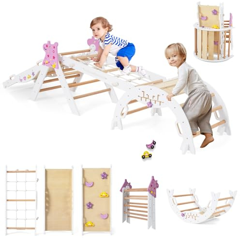 GYMAX Set Triangolare 8 in 1, Giocattoli da Arrampicata Pieghevoli per Bambini Piccoli, Set di Arrampicata Montessori in Legno con Arco, Rampa, Corda da Arrampicate e Scala (Bianco, Unicorno/8 in1)