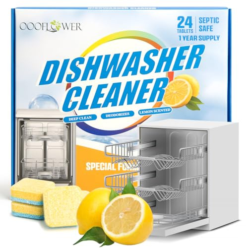 OOOFLOWER Dishwasher Cleaner Tablets 24 Count for 1 Year Supply, Lemon Scented, Powerful Deep Cleaning Formula, Removes Odour, Limescale, Hard Water Residue, Septic Tank Safe