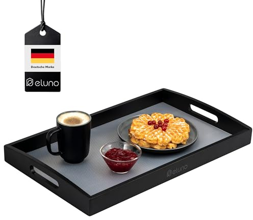 eluno Bandeja de bambú para servir con asas laterales y estantes, ideal como bandeja de desayuno, ideal para salón, dormitorio o decoración (negro)