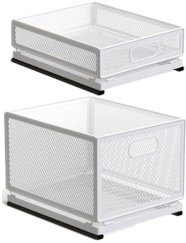 2-pack staplingsbara skåpkorgar med avtagbara handtag, självhäftande garderobsorganisatör, skjutbara garderobskorgar, utdragbara hyllor för skafferi
