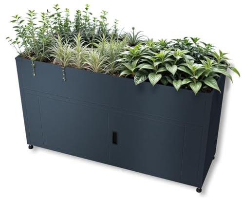 Metzler Hochbeet mit Stauraum Metall Anthrazit, mit Boden, 160x85x50 cm | pulverbeschichteter Stahl RAL 7016, wetterfest, mit Bodenplatte, Pflanzenbeet, Metall-Gartenbeet, Kräuterbeet, Blumenhochbeet