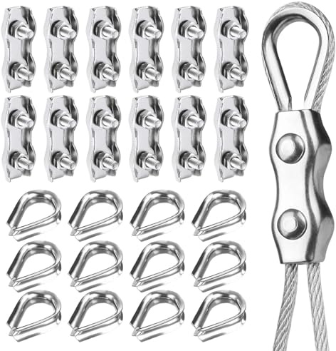 24 Pezzi Morsetto Duplex M4 Fermacavo Acciaio con Ditale,Morsetti per Cavi 4 mm,Metalliche per Corda D'acciaio in Acciaio Inox,Serracavo Morsetto per Fune per Fili Stendibiancheria 2-3 mm