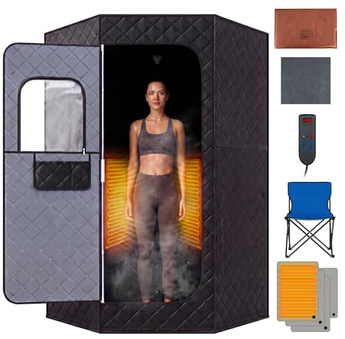 COSTWAY Portable Infrared Sauna Steam, Full Body Sauna Tent Steam Room with 3/4 Heaters, Timer, Heated Foot Pad, Remote Control & Chair, Personal Home Spa Pod Box for Therapy Detox (Black, Pentagon)