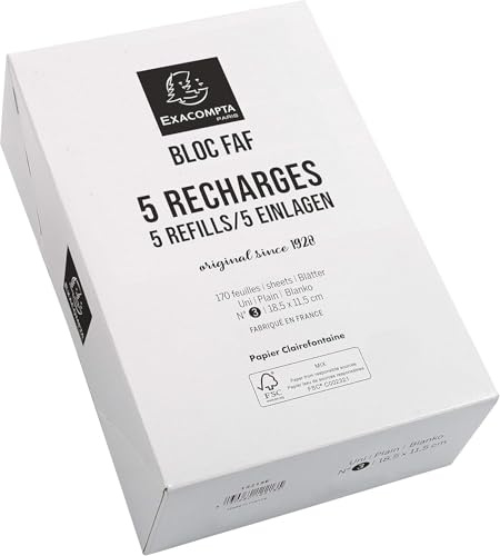 Exacompta - Réf. 12213E - Boîte de 5 recharges de bureau pour bloc FAF de 170 feuilles blanches microperforées détachables - Dimensions 18,5 x 11,5 cm - Format N° 3 - uni blanc