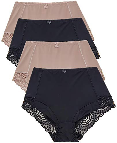 Barbra's High Waist Leg Elegant Lace Trim Panties, Assorted Color( Black and Nude ), LARGE, 4 Pack