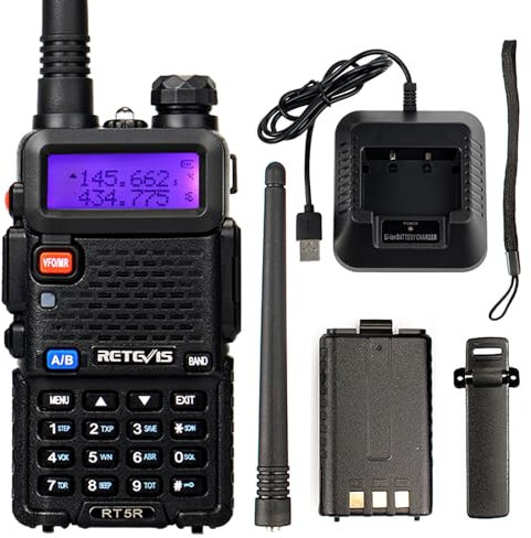 Retevis RT5R Walkie Talkie, Radio Caza, Walkie Talkie Profesional, Largo Alcance, Doble Banda, 128 Canales, FM, Linterna, VOX, Type-C, Alarma de Emergencia, (Negro, 1 Pieza)