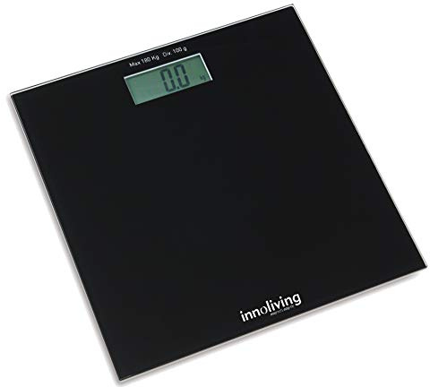 Innoliving INN-107B Bilancia Digitale Pesapersone Slim Nera con Display LCD Ampio, Pedana in Vetro Temperato Colorato, Capacità 180kg