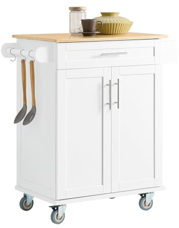 SoBuy Kitchen Island on Wheels 83cm Wide with Towel Holder | Rolling Kitchen Trolley with Adjustable Shelf, Worktop, Drawer & Cupboard Storage, White & Natural, 83x46x91cm, FKW13-II-WN
