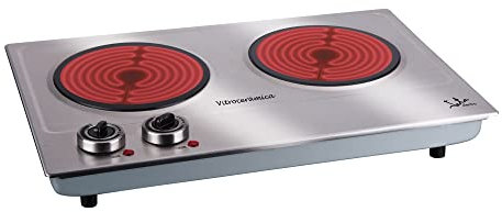 Jata V532 Cocina Eléctrica Vitrocerámica 2 Fuegos con Dos Placas de 18 cm, Cuerpo de Acero Inoxidable, 2 Termostatos Regulables de Temperatura, 2400 W