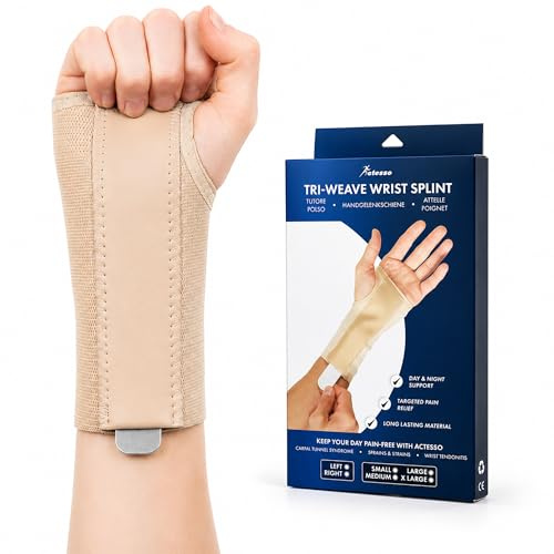 Actesso Tri-Weave Handgelenkschiene - Lindert Symptome bei Karpaltunnelsyndrom, Frakturen, Verstauchungen, Sehnenscheidenentzündung und Gelenkschmerzenn (Elastisch, Links Hand, Beige, XL)