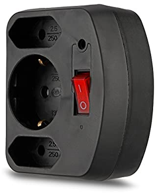 REV Steckdosenadapter – Mehrfachsteckdose 3-Fach mit Schalter, erhöhtem Berührungsschutz & ÜSS – 2X Eurosteckdose, 1x Schutzkontakt, schwarz