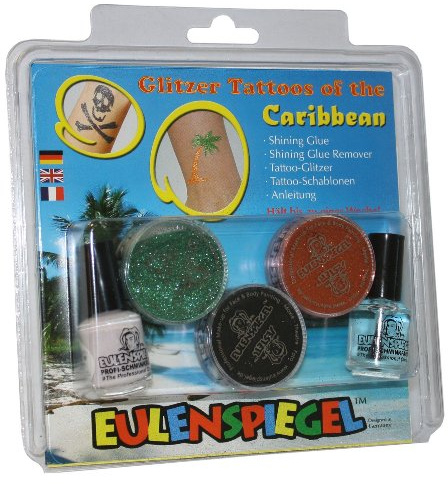 Eulenspiegel 730027 - Glitzer Set Tattoos of the Caribbean XL, Karneval, Halloween, Mottoparty | 3 x 6g Glitter mit Schablonen & weiterem Zubehör, für Karneval, Halloween & Mottopartys
