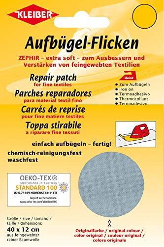 Kleiber Cotton Iron-On Repair Patch for Fine Knit Textiles, Light Grey – 40 x 12 cm Soft Mending Fabri