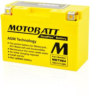 12 Volt 9Ah MotoBatt MBT9B4 versiegelte wartungsfreie AGM Batterie ersetzt -YT9B-BS, YT9B4, GT9B4