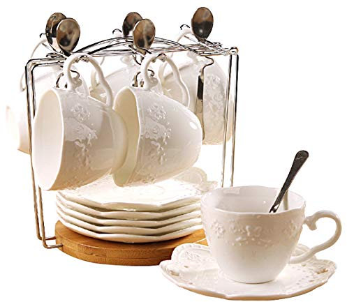 jusalpha Porcelana Taza De Té Y Platillo Juego de taza de café con plato y cuchara 20 PC, juego de 6