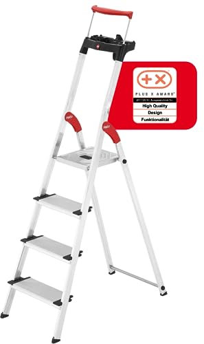Hailo L85 ComfortLine Alu-Sicherheits-Stehleiter - 4 XXL-Stufen belastbar bis 150 kg - Tiefe Standfläche & Haltegriff - Stehleiter mit Ablage - Aluleiter Made in Germany - Leiter rostfrei - Silber
