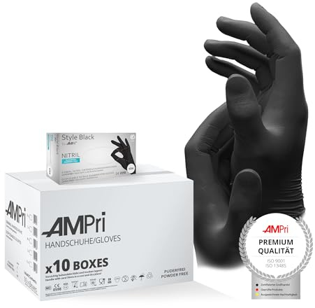 AMPRI Guanti in nitrile nero, 10 scatole da 100 pezzi, taglia M, senza polvere, stile nero by Med-CComfort: guanti monouso in nitrile nelle taglie XS, S, M, L, XL, XXL