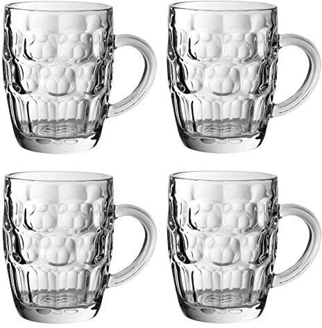 Traditional Glass Pint Tankards - Set of 4 | Also known as Dimpled Beer Tankard, Britannia Pint Mug, Beer Stein, Beer Mug