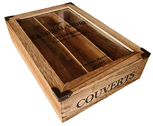 Boîte à couverts en bois style rustique chic avec couvercle en verre 3 compartiments