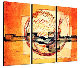 Paul Sinus Art Abstrakte Bilder 3x90x40cm Abstrakt251 Kunstdruck auf Leinwand orange beige schwarz rot gelb fertig bespannt Tryptichon mehrteilig Großformat
