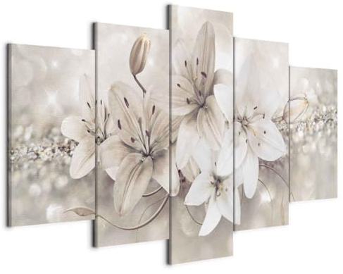 B&D XXL - Leinwandbild Lilien Abstrakt beige, 100x50 cm, 5-teilig, modern | Hochwertige Leinwand, sofort aufhängbar, ideal fürs Wohn- oder Schlafzimmer, wasserfest und lichtecht, langlebig, stilvoll