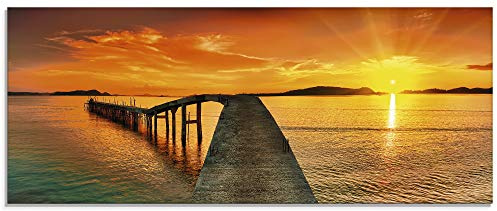 ARTland Wanddeko Glasbilder Wandbild Glas Bild einteilig 125x50 cm Querformat Strand Meer Küste Steg Himmel Natur Landschaft Sonnenuntergang Sommer T0BA