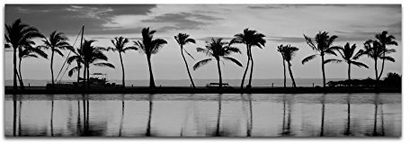 Leinwandfoto als Panorama SCHWARZ/WEISS 150x50cm Hawaii Strand Meer Palmen Sonnenuntergang