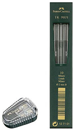 Faber Castell TK® Minenspitzer, mit Auffangbehälter, Gehäusefarbe: grün + 10x 2mm Fallminen TK9071 Härte B