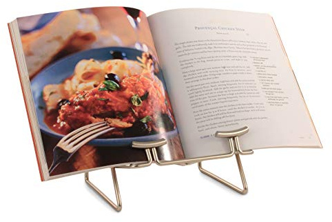 Spectrum Cookbook Stand for Kitchen Counter Tops Modern Recipe Book Holder Satin Nickel, Angled Elevated Steel Recipe Organizer for Displaying Cook Books and Tablet Recipes in Kitchen Dining Room