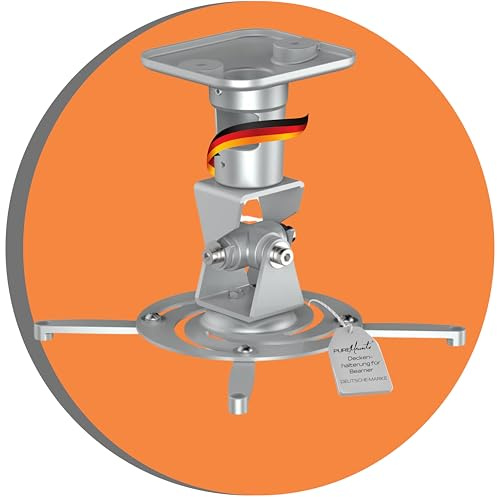 PureMounts Spider-Plus Beamer Deckenhalterung, neigbar 25°, drehbar, Deckenabstand: 225mm, Traglast max. 15kg, Lochabstand 180-310mm, Silber | Projektor Beamer Decken Halterung mit 360° Drehung, neigbar, schwenkbar, 225 mm Deckenabstand; Lochabstand 180-310mm