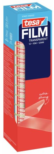 tesa tesafilm Transparent Klebeband - 10 m x 12 mm - 12 Rollen | Klarer Klebefilm mit starker Haftung - alterungsbeständig und reißfest - beständige, universell einsetzbare Klebefilmrollen