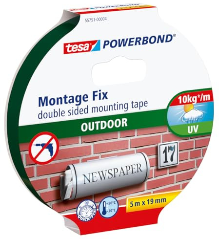 tesa Powerbond Outdoor Ruban adhésif double face pour extérieur Résistant aux UV, à l'eau et à la température Supporte jusqu'à 1 kg par ruban adhésif 10 cm, 5 m x 19 mm
