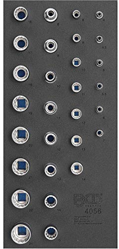 BGS 4056 | Werkstattwageneinlage 1/3 | Steckschlüssel-Satz 12-kant 29-tlg. | Antrieb Innenvierkant 6,3 mm (1/4) & 12,5 mm (1/2) | SW 4 - 24 mm | Chrom-Vanadium-Stahl | Oberfläche verchromt, matt