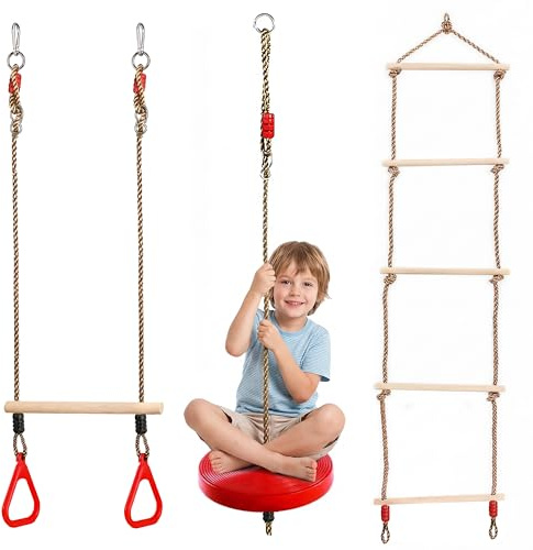 The Magic Toy Shop Trapeze Bar, Rope Ladder & Round Button Swing Seat with Adjustable Ropes - 3-in-1 Weather Resistant Garden Climbing Frame Accessories & Outdoor Play Equipment for Kids, Ages 3+